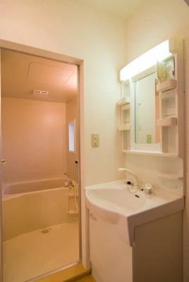 両側に棚のある一面鏡の洗面化粧台