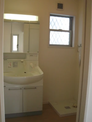 化粧台と洗濯パンのある洗面脱衣室