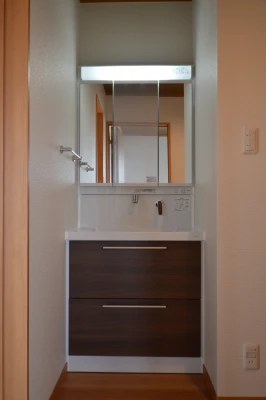 朝と夜間に便利な二階の洗面化粧台